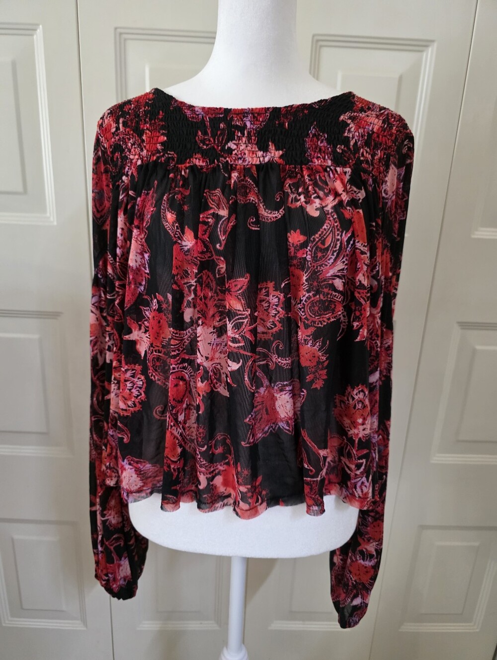 New Free People "Up For Anything" top black red paisley Size L